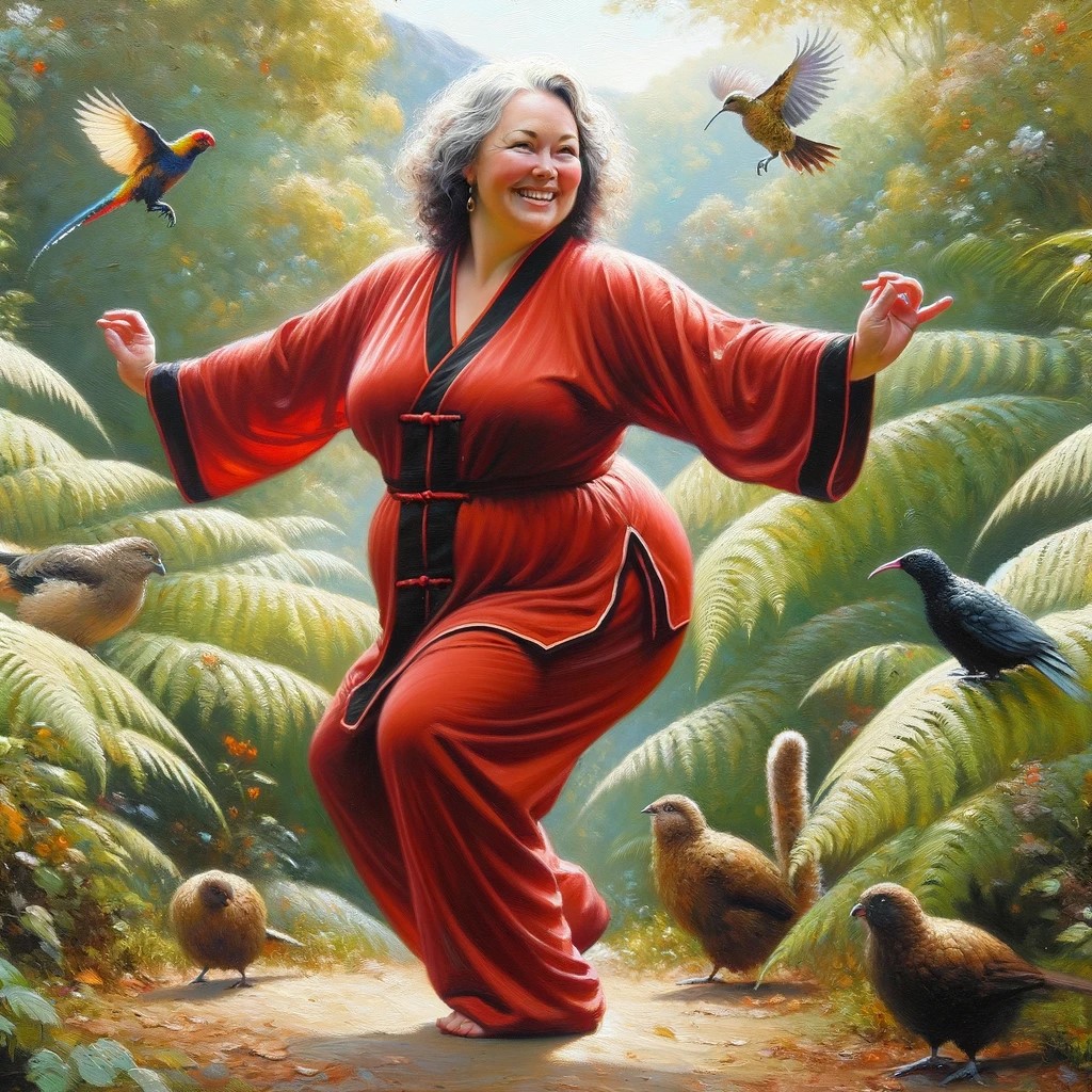 DALL·E 2024-02-17 17.25.01 - An oil painting of a cheerful, fuller-figured European lady in her 50s, engaged in the art of tai chi in a lush New Zealand garden. She wears a flowin