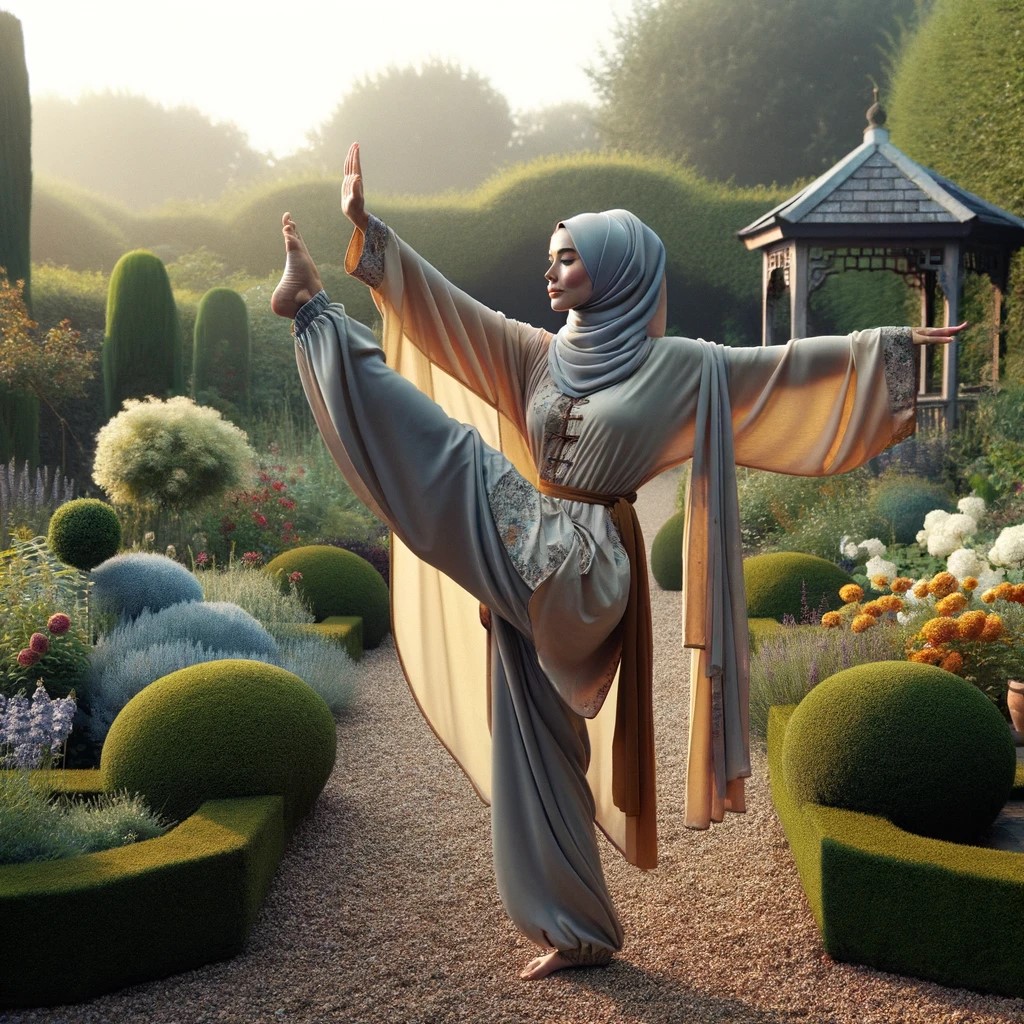 DALL·E 2024-02-19 12.16.27 - Visualize a slightly fuller-figured, middle-aged Muslim woman wearing a flowing robe and hijab, balancing on one leg in a Tai Chi Golden Rooster Stan