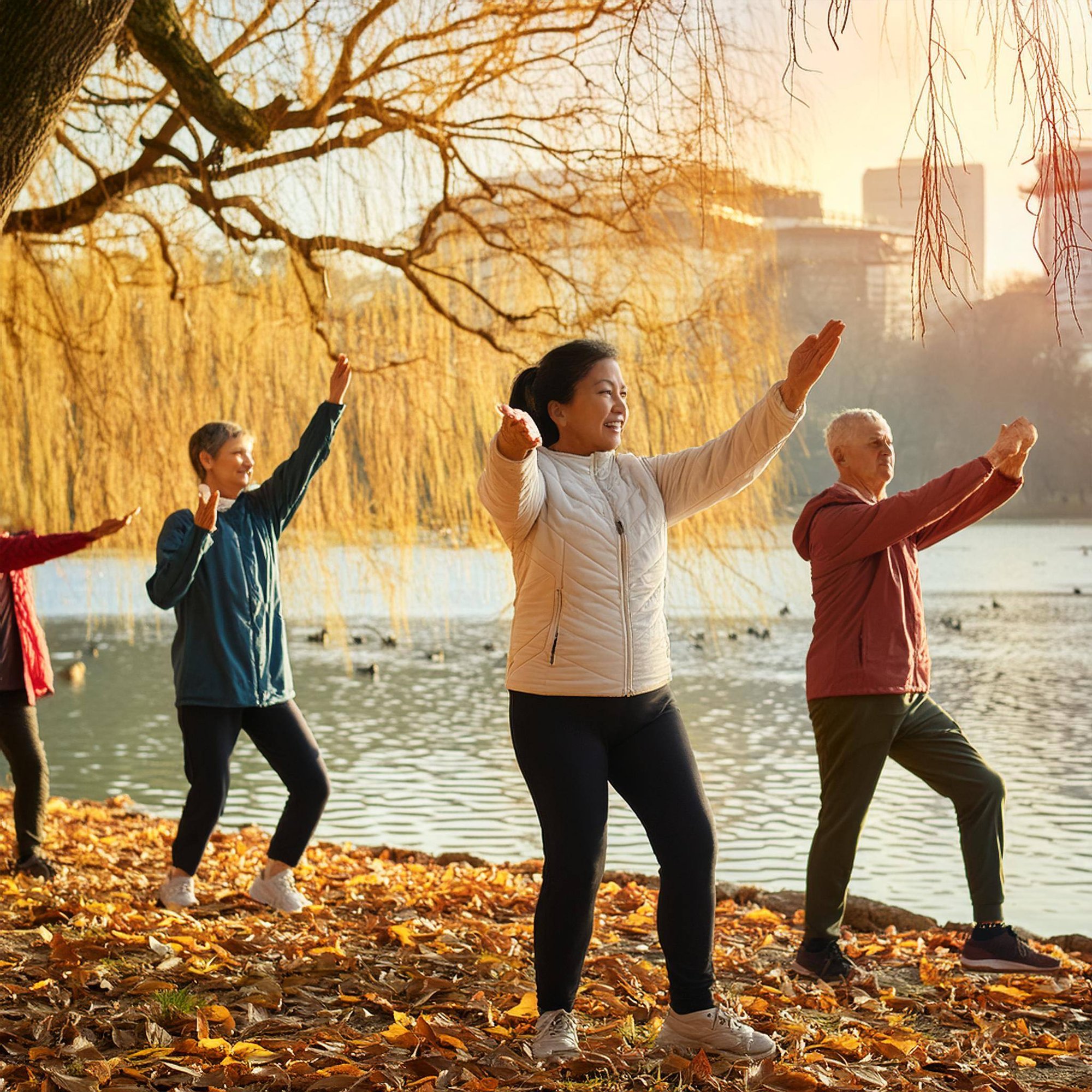 Firefly a group of people happily practice tai chi balance in a natural background of early winter, 