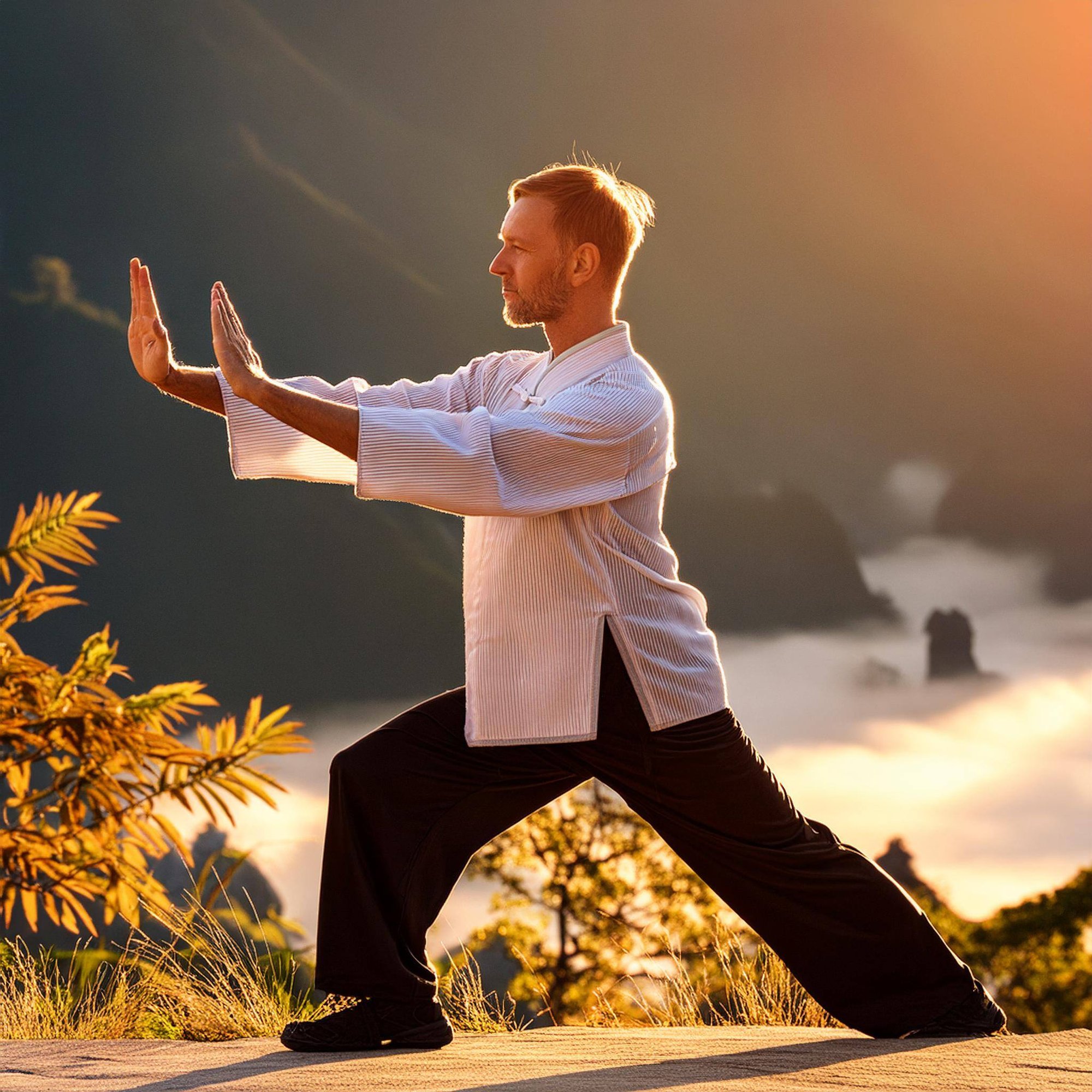Firefly a person doing tai chi is radiant in morning sunshine 25246